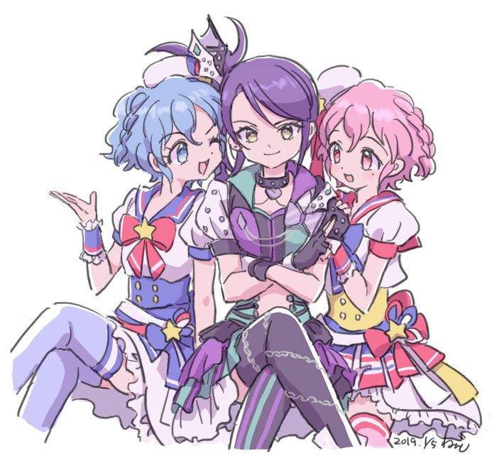 1boy, 2girls, :d, asymmetrical_legwear, black_collar, blue_bow, blue_eyes, blue_hair