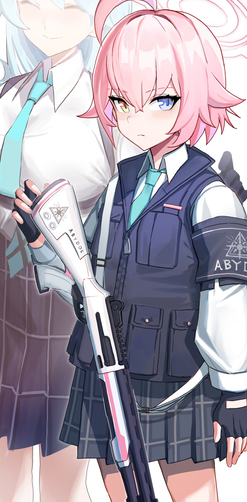2girls, ^_^, absurdres, ahoge, aqua_necktie, armband, black_gloves, blue_archive