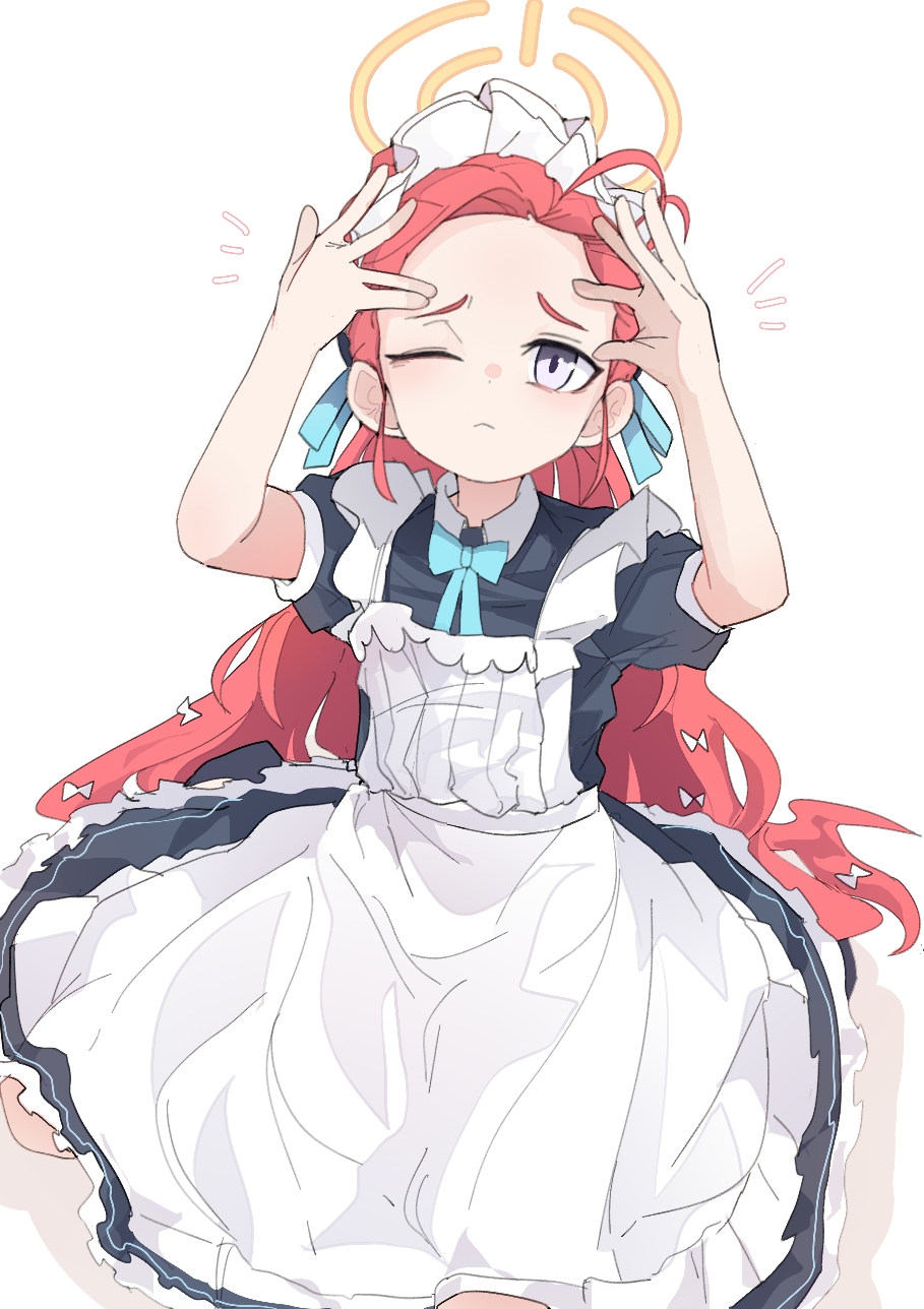1girl, apron, black_dress, blue_archive, blue_ribbon, bow, closed_mouth, dress