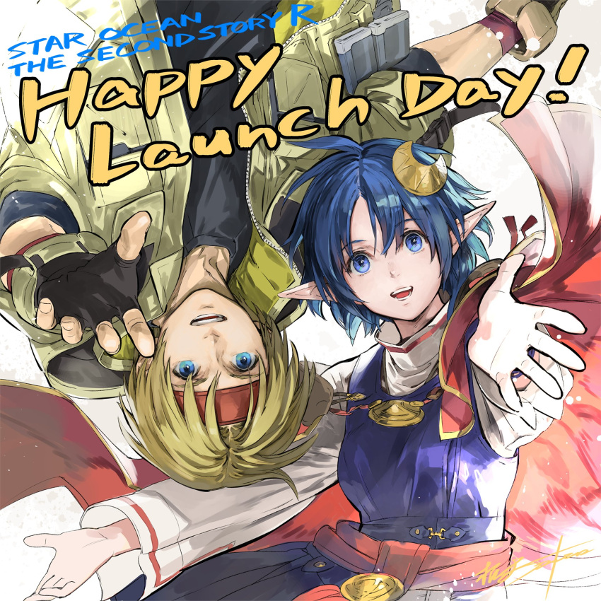 1boy, 1girl, ahoge, blonde_hair, blue_dress, blue_eyes, blue_hair, claude_kenni
