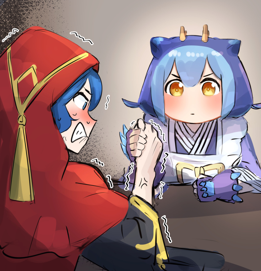 2girls, apron, arm_wrestling, blue_eyes, blue_hair, blush, clenched_teeth, dragon_girl