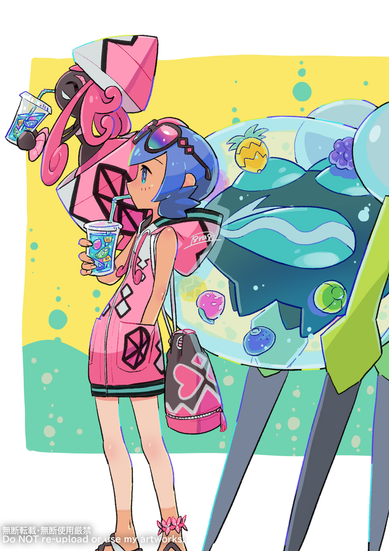 1girl, araquanid, bag, berry_(pokemon), black-framed_eyewear, blue_eyes, blue_hair, coat