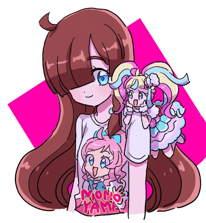 2girls, ahoge, blonde_hair, blue_eyes, blue_hair, blunt_bangs, brown_hair, cameo
