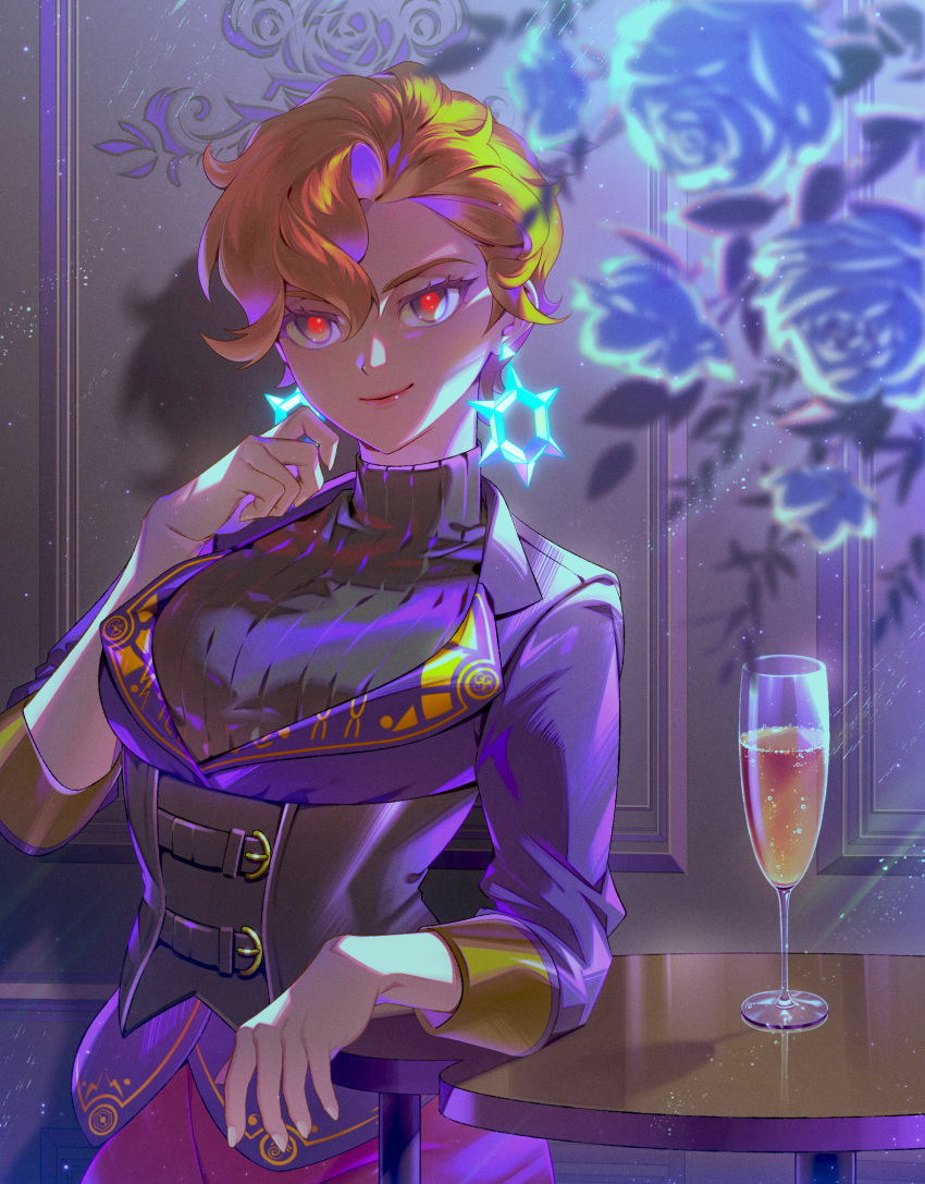 1girl, blonde_hair, blue_flower, blurry, briar_(pokemon), champagne_flute, closed_mouth, commentary_request