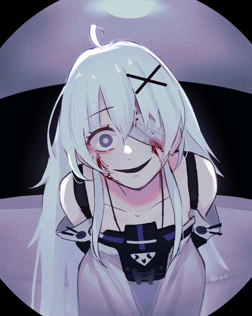 1girl, absurdres, ahoge, bandage_over_one_eye, bandages, blood, blood_on_bandages, blood_on_face