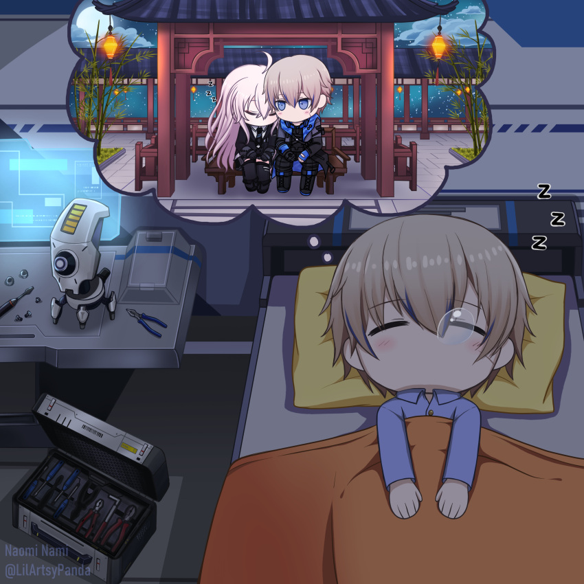 1boy, 1girl, absurdres, ahoge, artist_name, blue_pajamas, chibi, closed_eyes, commandant_(punishing:_gray_raven), cushion, dreaming, grey_hair, hair_between_eyes, highres, lee_(punishing:_gray_raven), light_brown_hair, long_hair, naomi_nami, no_mouth, non-humanoid_robot, nose_bubble, on_bed, pajamas, punishing:_gray_raven, robot, screwdriver, short_hair, sleeping, tools, twitter_username, under_covers, wrench, zzz