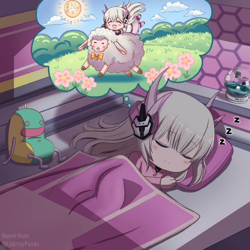 1girl, absurdres, bed, bedroom, chibi, cushion, dreaming, dress, flower, grass, grey_dress, grey_hair, happy, headgear, headphones, highres, liv:_eclipse_(punishing:_gray_raven), liv_(punishing:_gray_raven), long_hair, naomi_nami, pajamas, pink_pajamas, punishing:_gray_raven, riding, riding_animal, sheep, sleeping, solo, stuffed_toy, sun, under_covers, zzz
