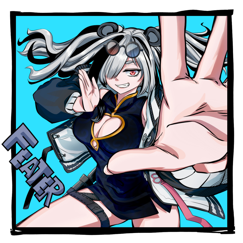 1girl, animal_ears, arknights, black_dress, black_jacket, blurry, blurry_background, character_name, china_dress, chinese_clothes, cleavage_cutout, clothing_cutout, cowboy_shot, dress, eyewear_on_head, feater_(arknights), hair_over_one_eye, highres, jacket, looking_at_viewer, multicolored_hair, open_clothes, open_jacket, panda_ears, panda_girl, red_eyes, samsam_s2s, smile, solo, thigh_strap, two-tone_hair