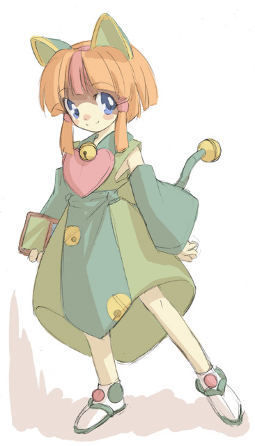 bad_id, bell, blue_eyes, blush_stickers, cat_ears, character_request, heart, konoe_yuba, kyatto_ninden_teyandee, looking_at_viewer, multicolored_hair, orange_hair, otama_(kyatto_ninden_teyandee), shadow, shoes, simple_background, smile, solo, tail, two-tone_hair, yuba_(pixiv)