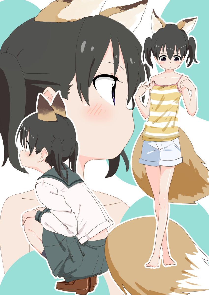 1girl, animal_ears, black_hair, blush, camisole, closed_mouth, fox_ears, fox_tail