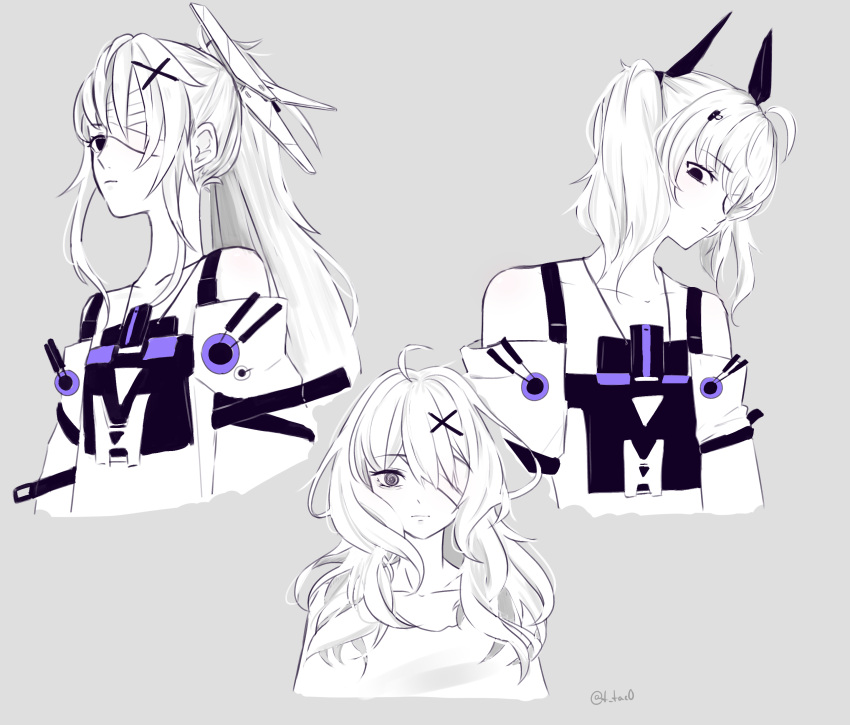1girl, absurdres, ahoge, alternate_hair_length, alternate_hairstyle, bandage_over_one_eye, closed_mouth, detached_sleeves