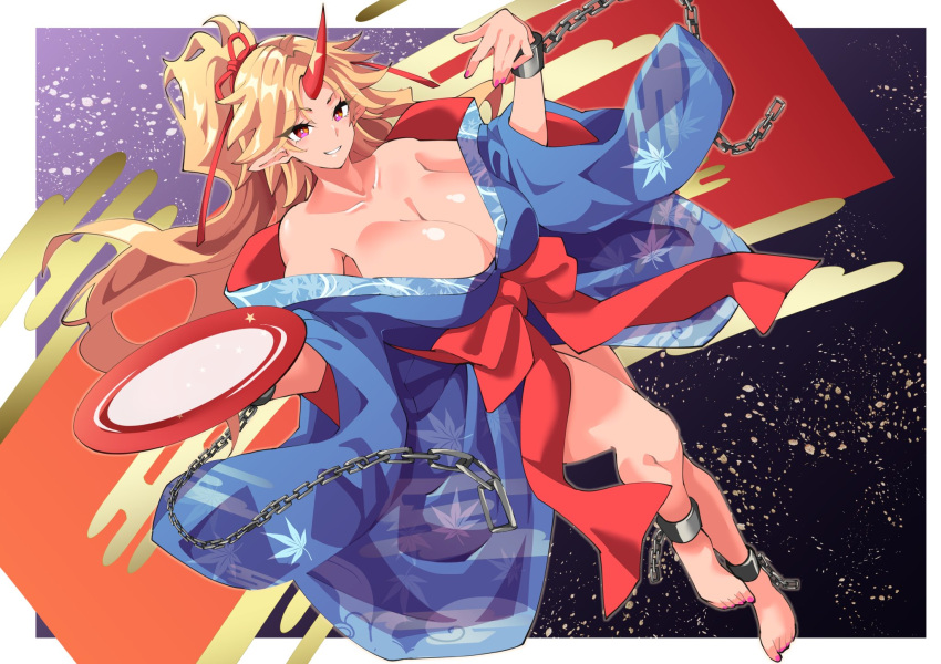 blonde_hair, blue_kimono, breasts, chain, cuffs, cup, fugaku_(miko_no_miyatsuguchi), highres, hoshiguma_yuugi, hoshiguma_yuugi_(kimono), japanese_clothes, kimono, large_breasts, messy_hair, obi, parted_bangs, pointy_ears, red_eyes, red_sash, sakazuki, sash, touhou
