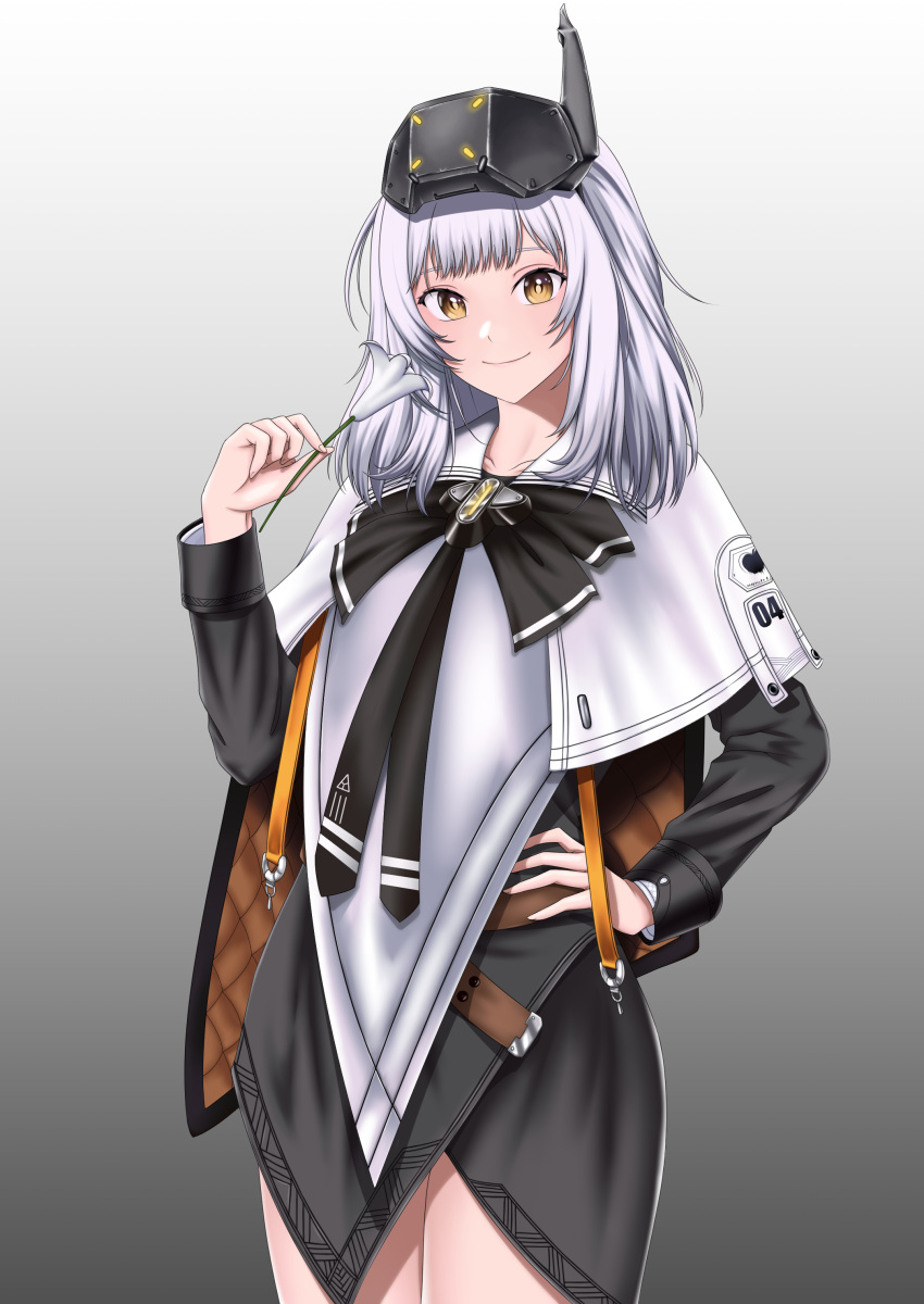 1girl, absurdres, black_bow, black_bowtie, black_dress, bow, bowtie, cloak, closed_mouth, collarbone, commentary, cowboy_shot, dress, flower, goddess_of_victory:_nikke, grey_background, hand_on_own_hip, head-mounted_display, highres, holding, holding_flower, lily_(flower), long_sleeves, looking_at_viewer, medium_hair, ramiki_(ramesgoag), sidelocks, smile, snow_white:_innocent_days_(nikke), snow_white_(nikke), solo, standing, white_cloak, white_hair, yellow_eyes