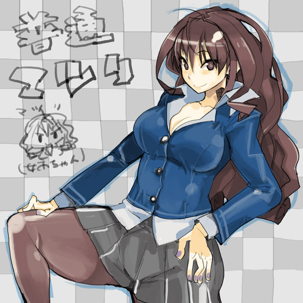 brown_eyes, brown_hair, cleavage, formal, large_breasts, long_hair, matsuri_(teriyaki), miniskirt