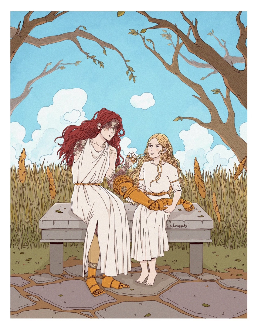 1boy, 1girl, amputee, bare_tree, belt, bench, blonde_hair, braid
