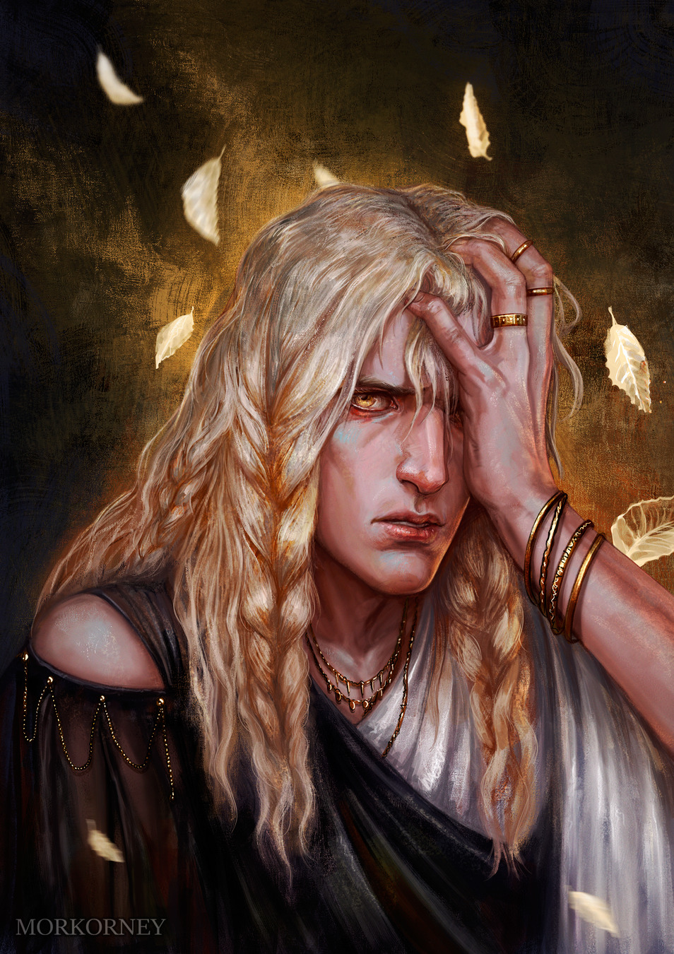 1boy, black_robe, black_tunic, blonde_hair, bracelet, braid, elden_ring, falling_leaves