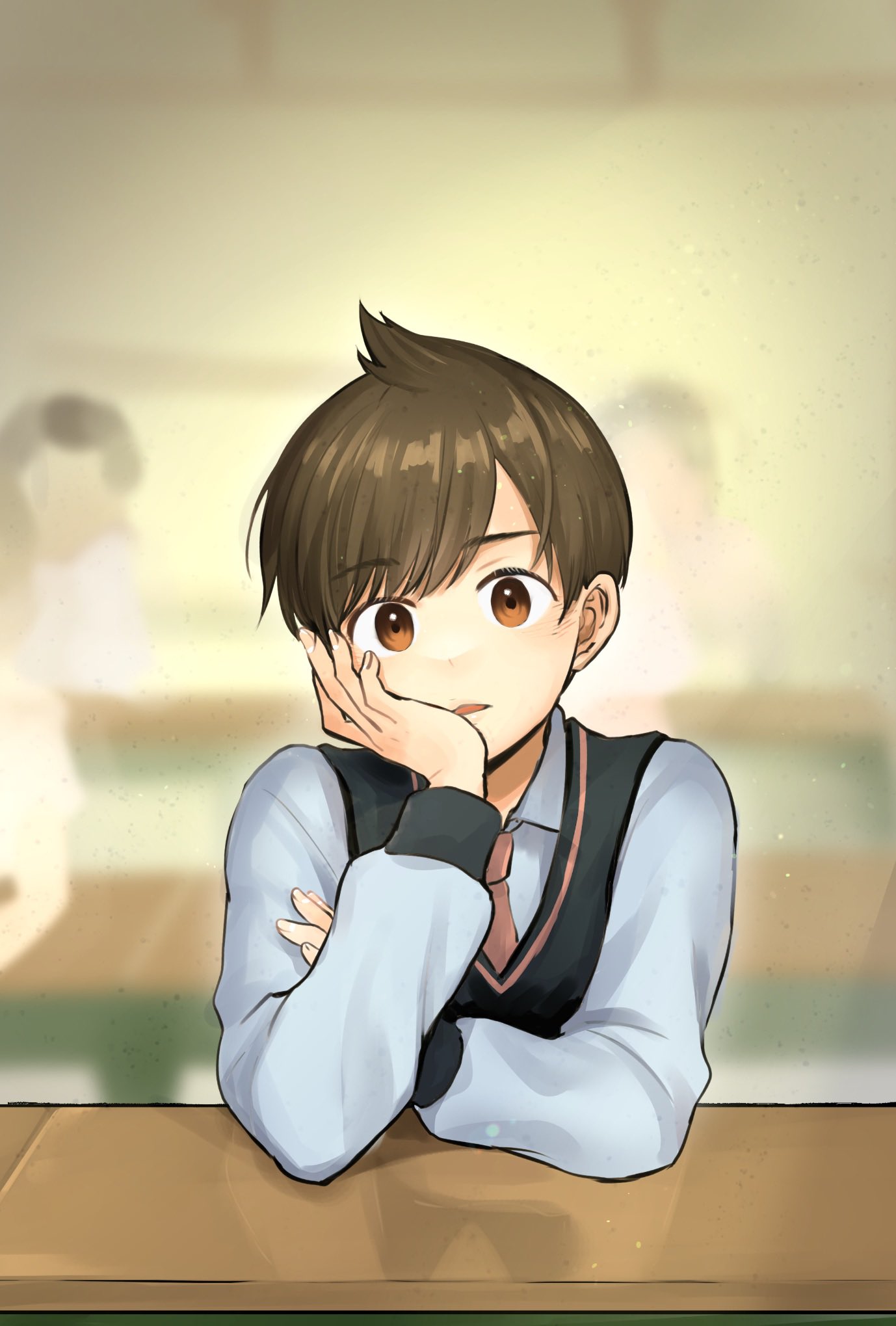 1boy, black_vest, brown_eyes, brown_hair, classroom, collared_shirt, commentary_request, cowlick, desk, florian_(pokemon), grey_shirt, head_rest, highres, indoors, long_sleeves, looking_at_viewer, male_focus, necktie, orange_necktie, pokemon, pokemon_(game), pokemon_sv, school_desk, shirt, short_hair, vest, wasabi_(unohiko)