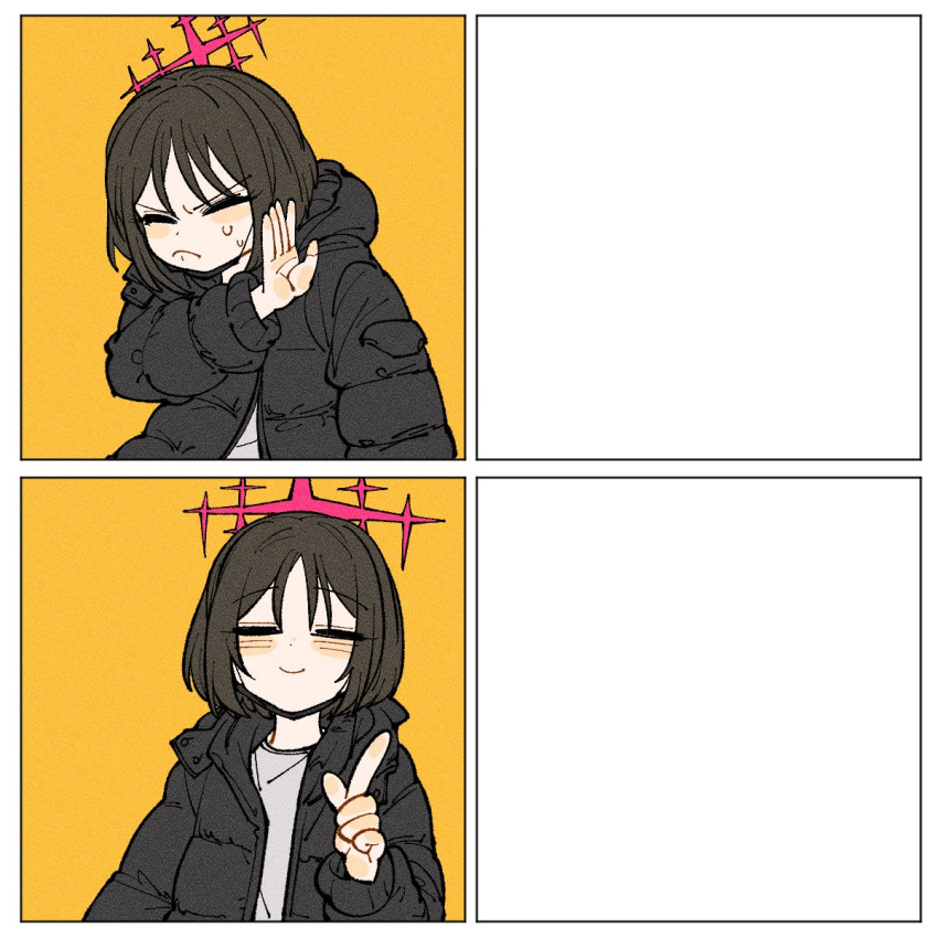 1girl, =_=, black_hair, black_jacket, blue_archive, blush, closed_eyes, commentary