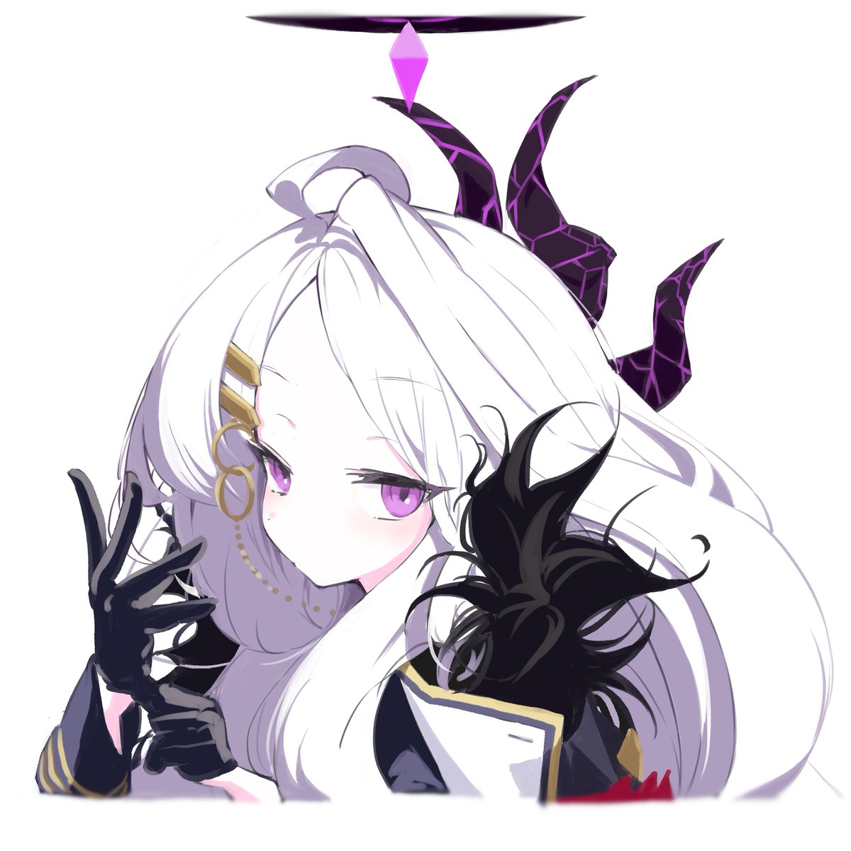 1girl, adjusting_clothes, adjusting_gloves, ahoge, arimas_ar1, black_gloves, blue_archive, blush, coat, cropped_torso, demon_horns, fur-trimmed_coat, fur_trim, gloves, halo, highres, hina_(blue_archive), horns, looking_at_viewer, parted_bangs, simple_background, solo, violet_eyes, white_background, white_hair