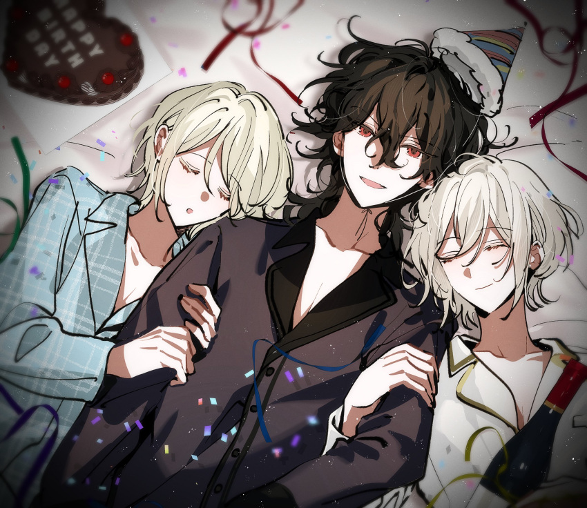 3boys, birthday_cake, black_shirt, blonde_hair, blue_shirt, brown_hair, cake, cuddling