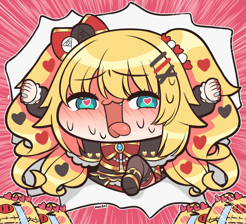 >_<, 1girl, akai_haato, akai_haato_(5th_costume), aqua_eyes, black_dress, blonde_hair, blush