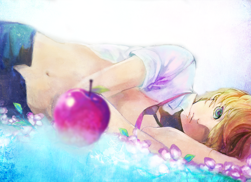 blonde_hair, blue_eyes, food, fruit, hair_over_one_eye, kagamine_len, lying, male, midriff, necktie, on_side, open_clothes, open_shirt, out_of_eden_(vocaloid), petals, rabbit19, shirt, short_hair, vocaloid