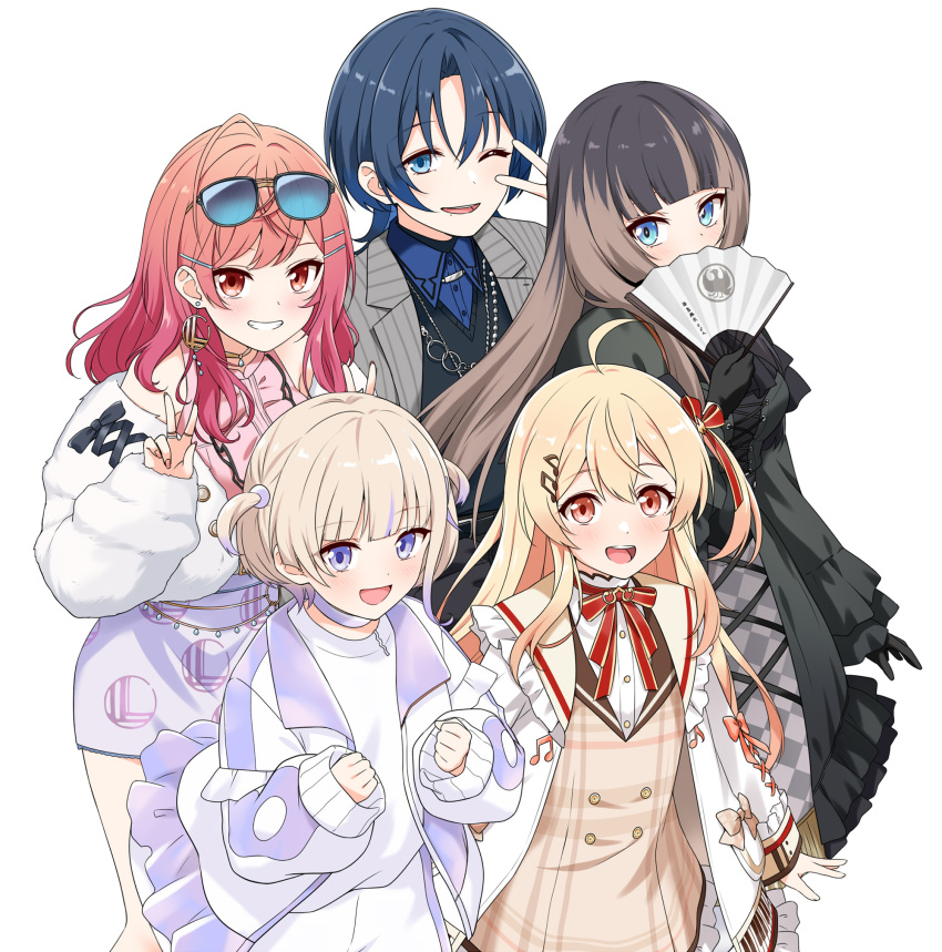 5girls, ahoge, androgynous, bare_shoulders, black_dress, black_footwear, black_gloves, black_hair