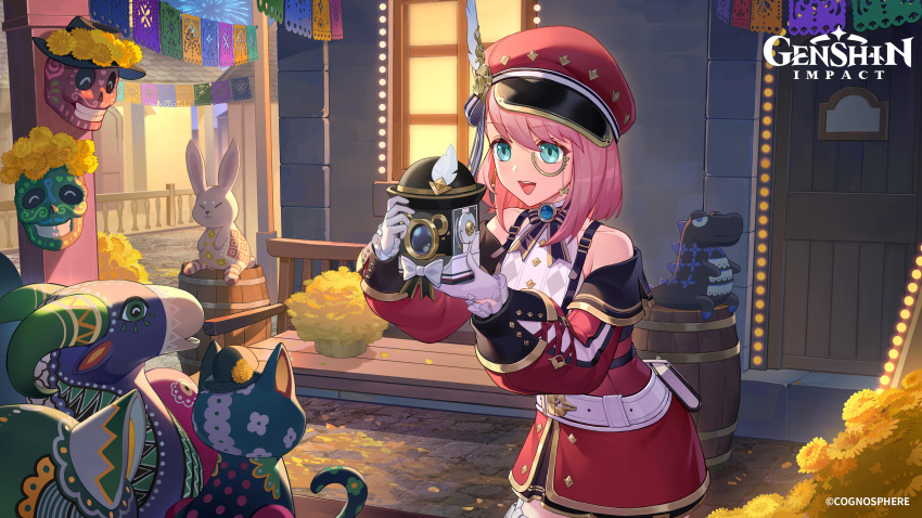 1girl, :d, absurdres, alebrije, barrel, camera, cat, charlotte_(genshin_impact), door, flower, genshin_impact, gloves, hat, highres, lights, mexico, monocle, official_art, ofrenda, papel_picado, pink_hair, ribbon, short_hair, skeleton, smile, solo, window
