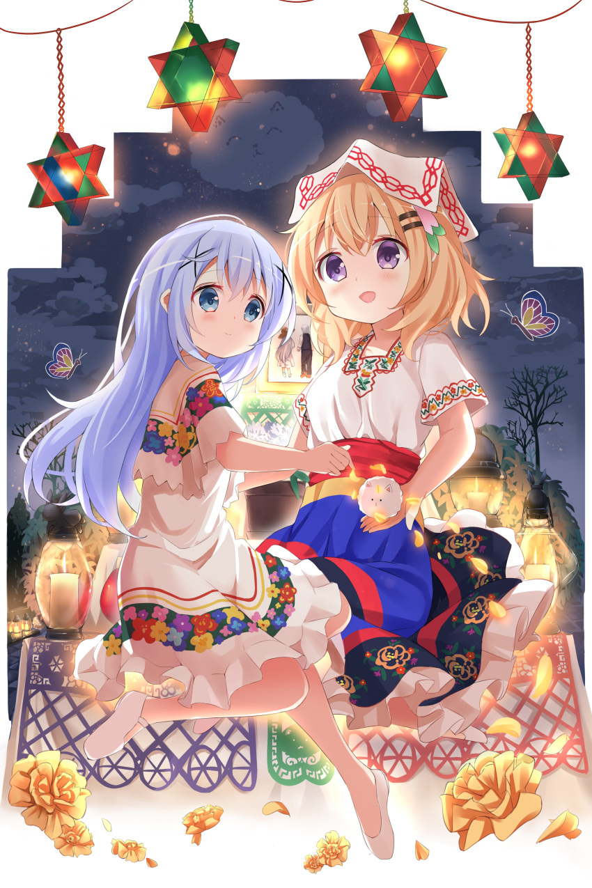 2girls, :d, absurdres, angora_rabbit, animal, bare_tree, blue_eyes, blue_hair