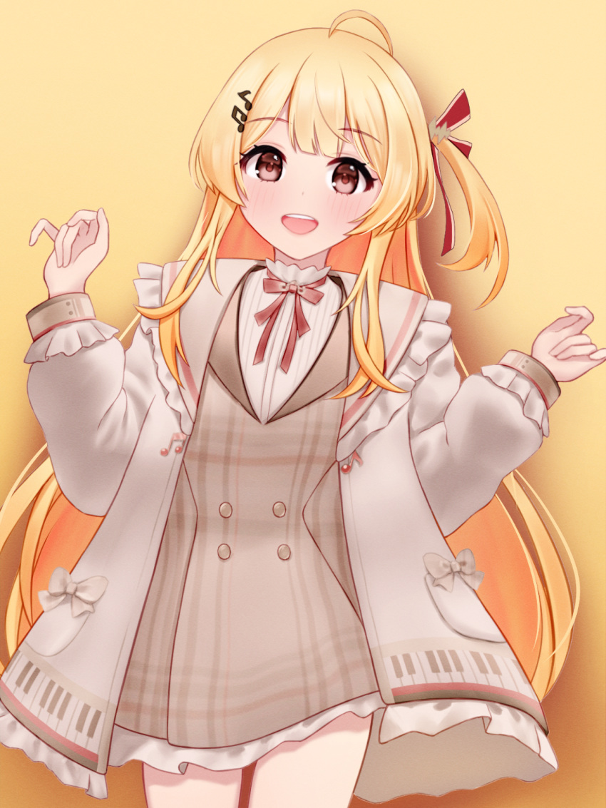 1girl, ahoge, blonde_hair, brown_dress, brown_sailor_collar, collared_dress, collared_jacket, commentary, cowboy_shot, double-parted_bangs, dress, frilled_sailor_collar, frills, hair_between_eyes, hair_ornament, hair_ribbon, hands_up, highres, hololive, hololive_dev_is, jacket, light_blush, long_hair, long_sleeves, looking_at_viewer, musical_note, musical_note_hair_ornament, neck_ribbon, nokonata, one_side_up, open_clothes, open_jacket, open_mouth, otonose_kanade, piano_keys, piano_print, plaid, plaid_dress, puffy_long_sleeves, puffy_sleeves, red_eyes, red_ribbon, ribbon, sailor_collar, shirt, simple_background, solo, teeth, upper_teeth_only, virtual_youtuber, white_jacket, white_shirt, yellow_background