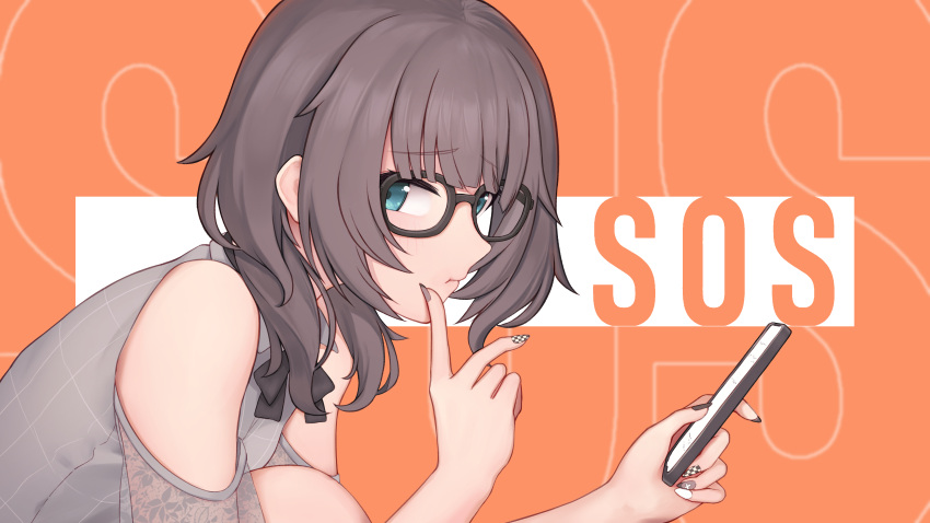1girl, :t, absurdres, aqua_eyes, bare_shoulders, blunt_bangs, brown-framed_eyewear, brown_hair, brown_nails, checkered_nails, clothing_cutout, commentary_request, english_text, finger_to_mouth, glasses, grey_shirt, highres, holding, holding_phone, hololive, jirai_kei, knees_up, looking_at_viewer, medium_hair, multicolored_nails, nail_polish, natsuiro_matsuri, natsuiro_matsuri_(5th_costume), nokonata, official_alternate_costume, orange_background, parody, phone, plaid, plaid_shirt, pout, see-through, see-through_sleeves, shirt, shoulder_cutout, sideways_glance, solo, sos_(idolmaster), upper_body, virtual_youtuber, white_nails