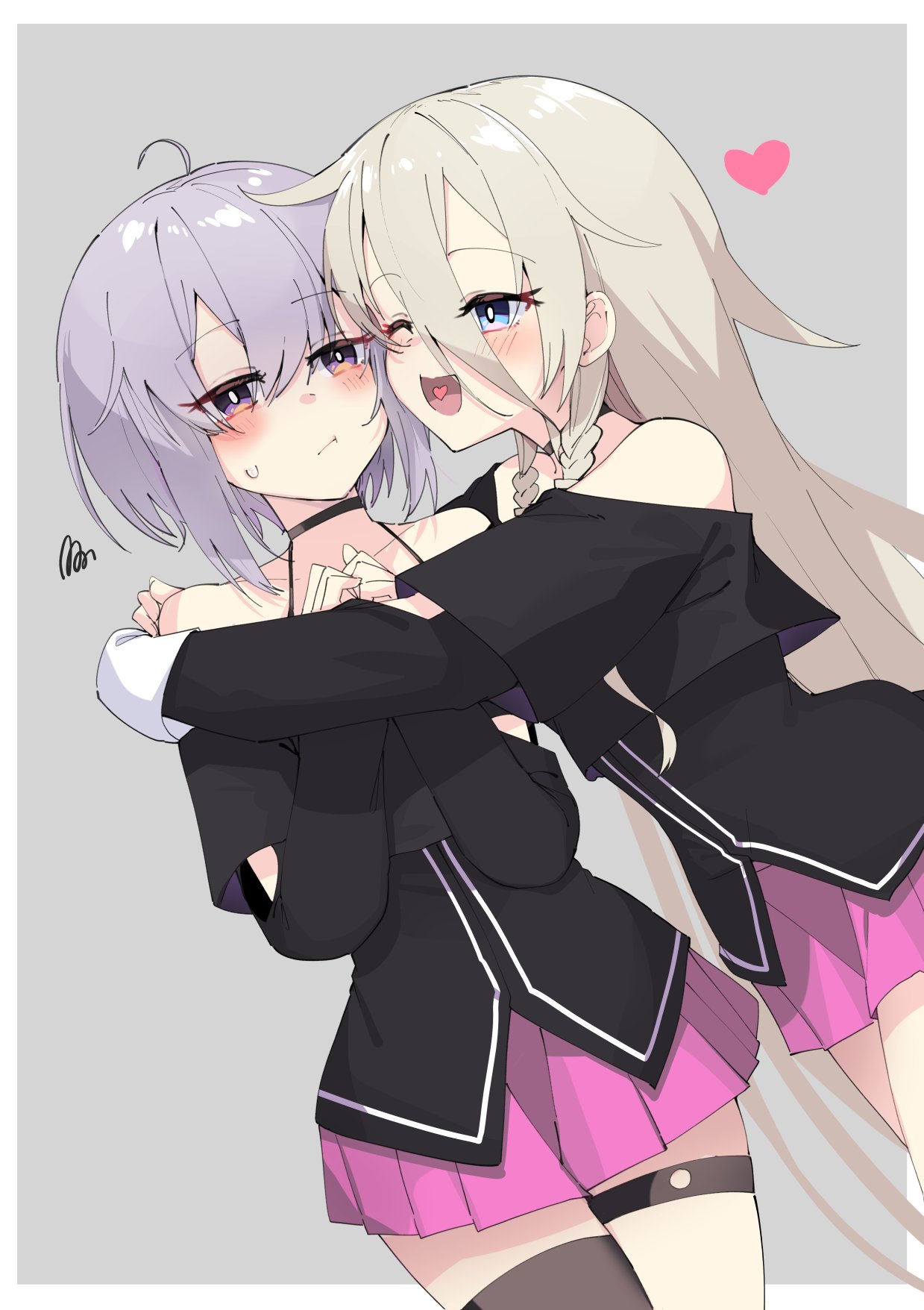 2girls, a.i._voice, ahoge, bare_shoulders, blue_eyes, cheek-to-cheek, cosplay, heads_together