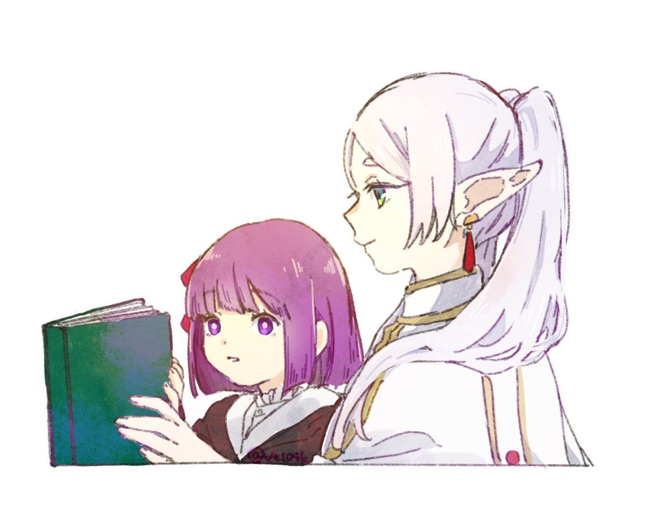 2girls, aged_down, blunt_bangs, book, closed_mouth, commentary_request, cropped_torso, earrings