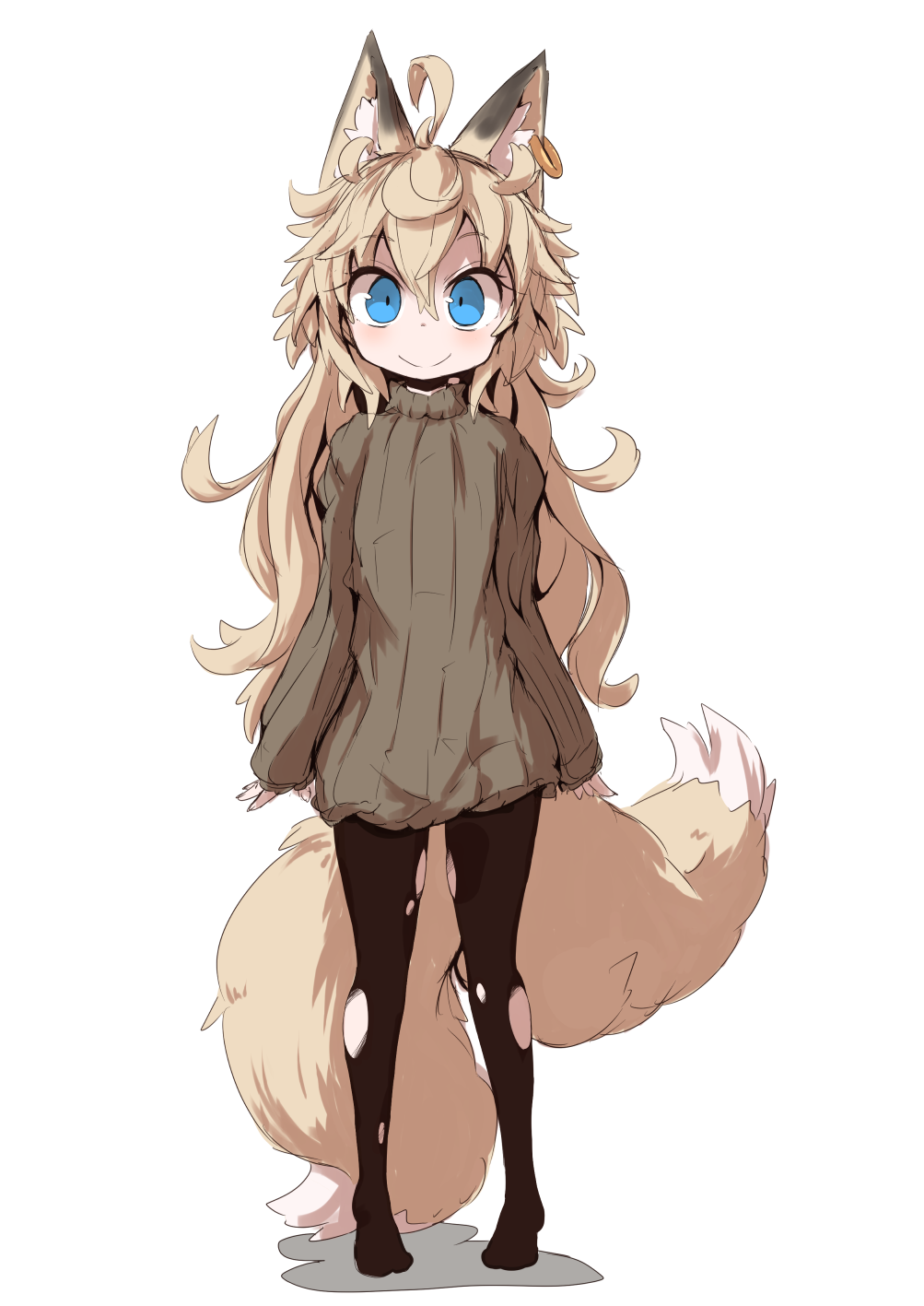 1girl, :>, ahoge, animal_ear_piercing, animal_ears, black_pantyhose, blonde_hair, blue_eyes