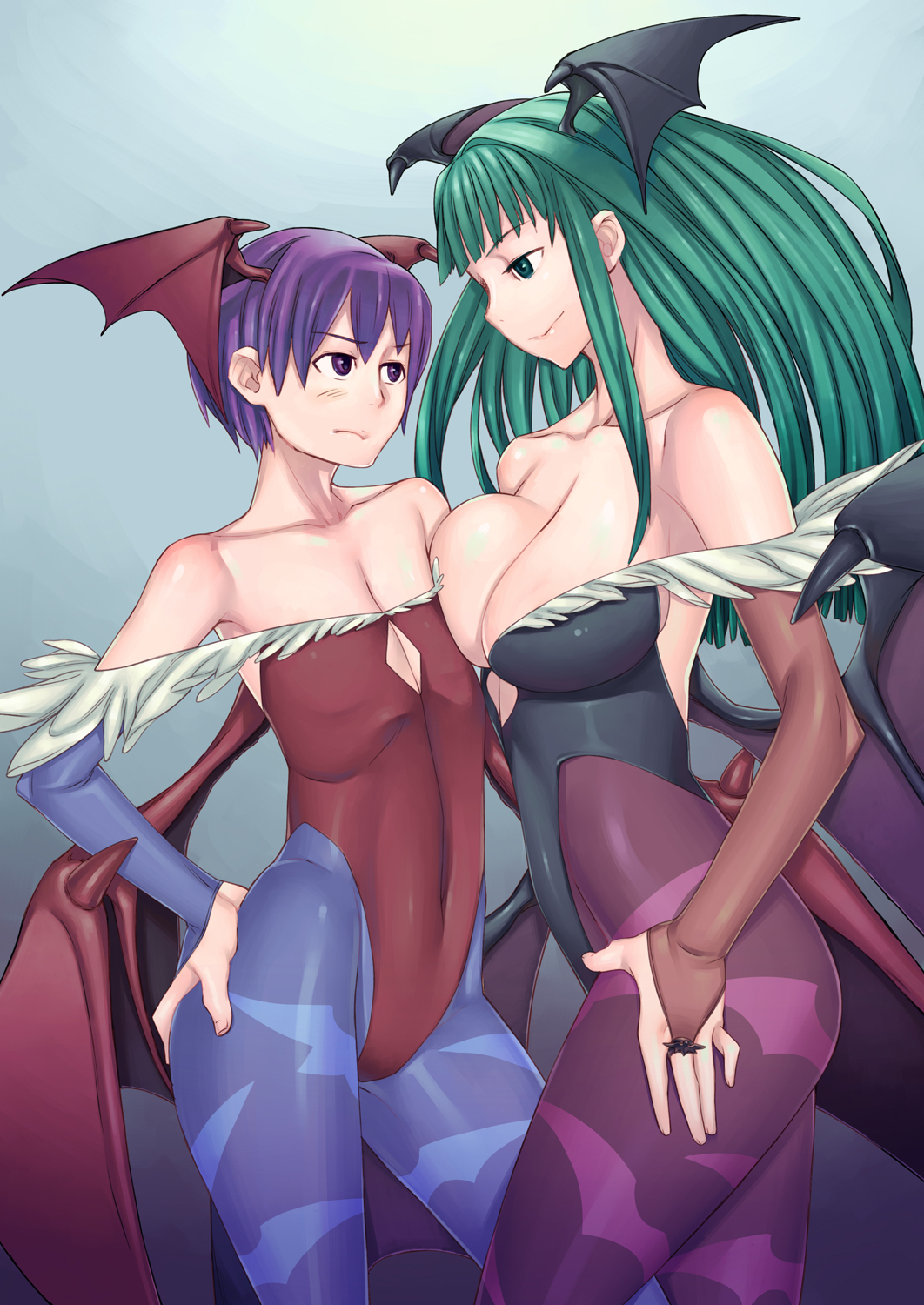 aqua_hair, asymmetrical_docking, bare_shoulders, bat_wings, blue_pantyhose, breast_envy, breast_press, breasts, capcom, cleavage, demon_girl, elbow_gloves, flat_chest, gloves, green_eyes, green_hair, harmaline, head_wings, highres, large_breasts, leotard, lilith_aensland, long_hair, morrigan_aensland, pantyhose, print_pantyhose, purple_hair, purple_pantyhose, short_hair, thick_thighs, thighs, vampire_(game), wings
