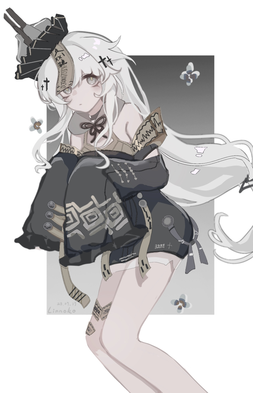 1girl, artist_name, bare_legs, black_dress, black_headwear, black_sleeves, cross_hair_ornament, dated