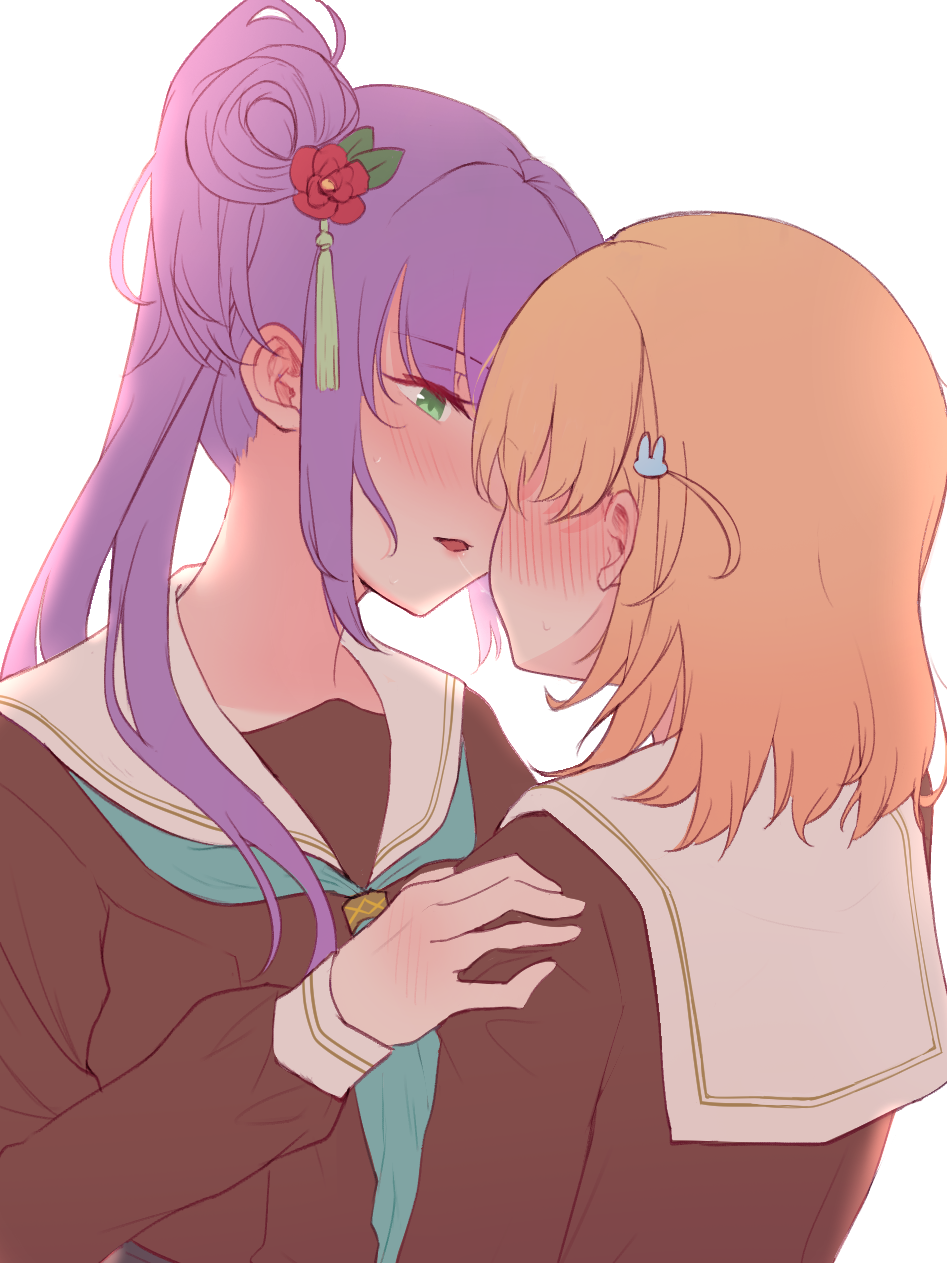 2girls, after_kiss, aqua_neckerchief, blush, brown_dress, dress, flower, green_eyes