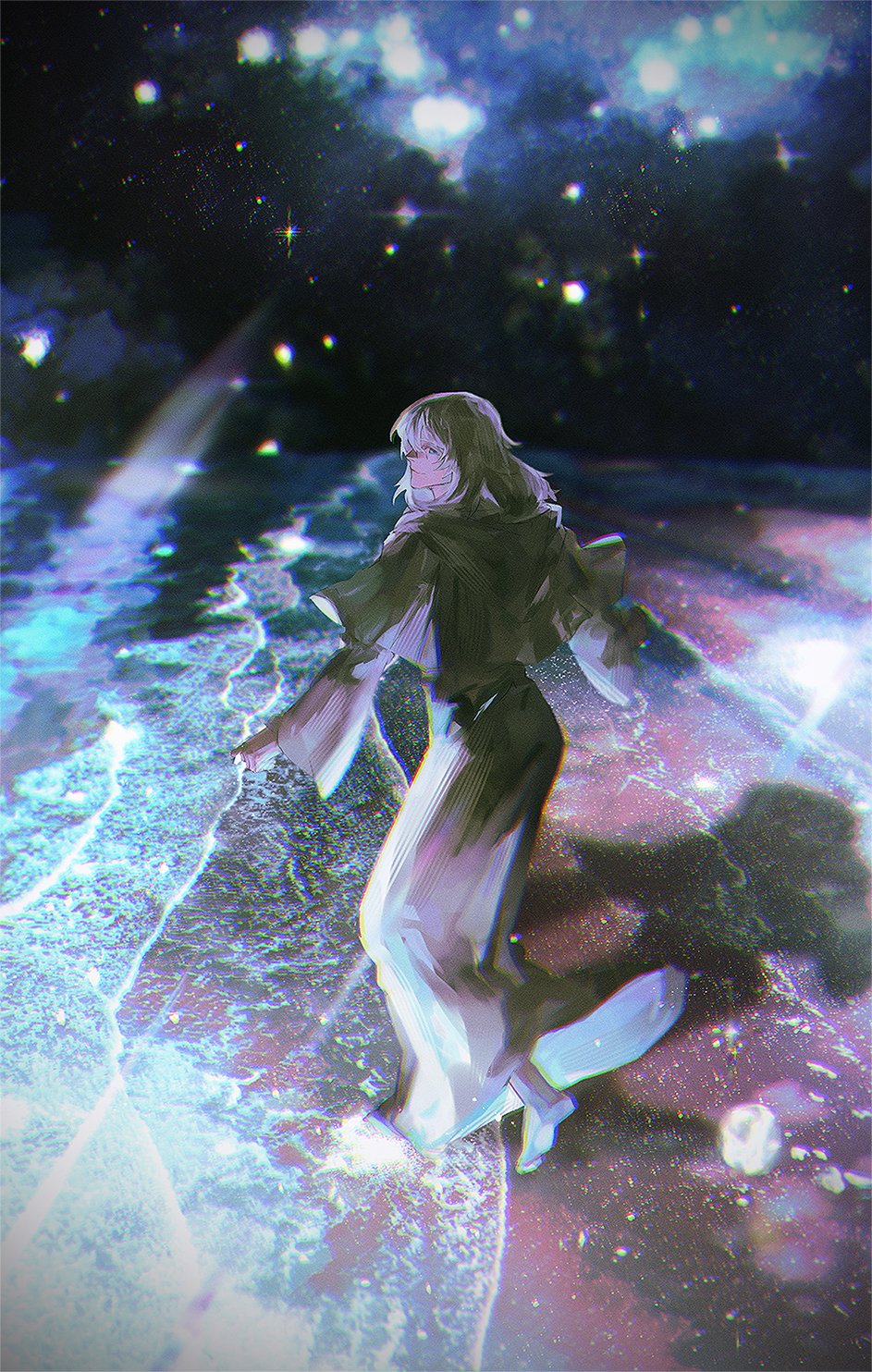 1boy, barefoot, blue_eyes, capelet, chromatic_aberration, final_fantasy, final_fantasy_xiv, from_behind