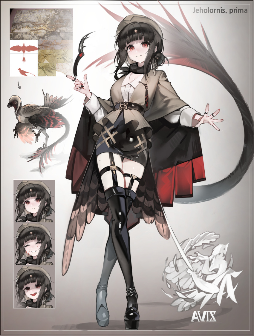 1girl, absurdres, belt, black_hair, blood, blood_on_face, boots, crazy_eyes, crazy_smile, crossed_legs, dinosaur_tail, earrings, empty_eyes, expressions, feather_earrings, feathered_dinosaur, feathers, garter_straps, hat, highres, jewelry, knife, looking_at_viewer, nail_polish, original, pencil_skirt, red_eyes, reference_inset, ribiadan, scarf, skirt, smile, solo, standing, tail, thigh_boots, watson_cross
