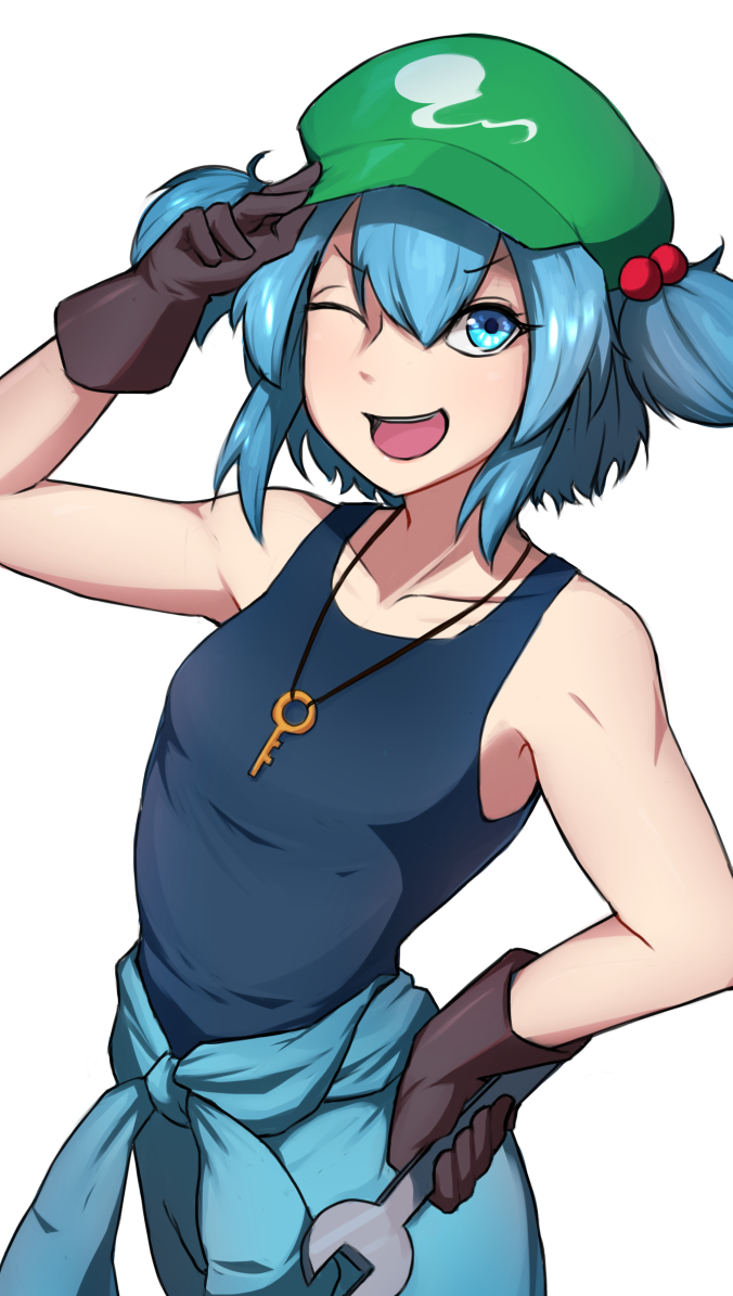 1girl, armpits, blue_hair, collarbone, flat_cap, front_ponytail, gloves, green_headwear