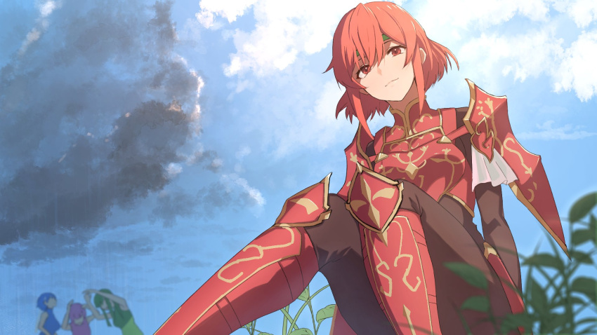 4girls, ahonoko, armor, armored_boots, blue_hair, blue_sky, blurry, blurry_foreground