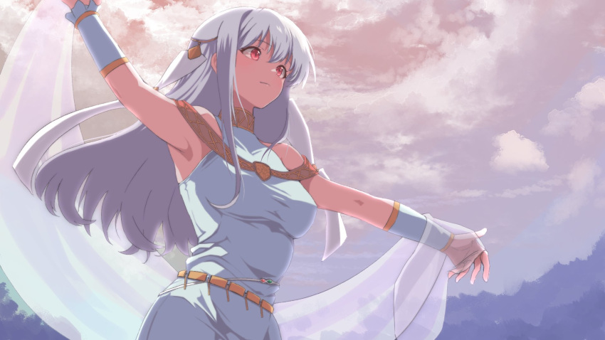 1girl, ahonoko, armpits, belt, blue_dress, breasts, closed_mouth, clouds