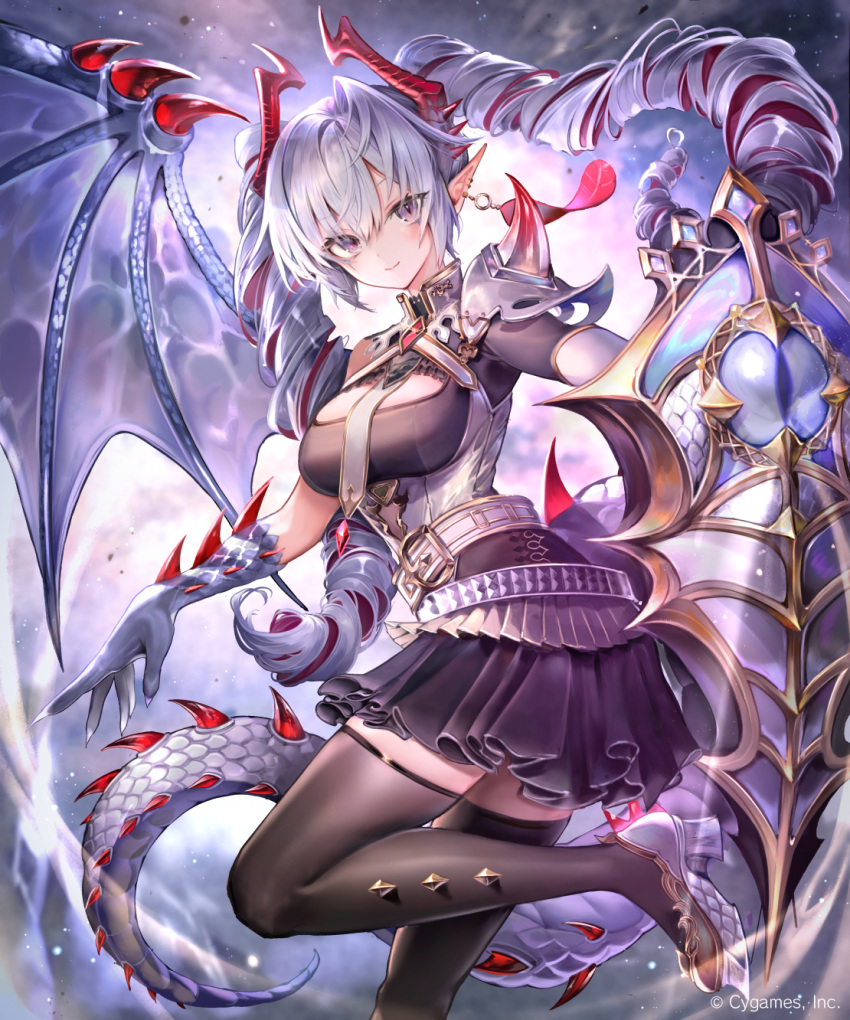 1girl, argente_purest_silver_(shadowverse), armor, belt, belt_buckle, black_skirt, blush, breasts