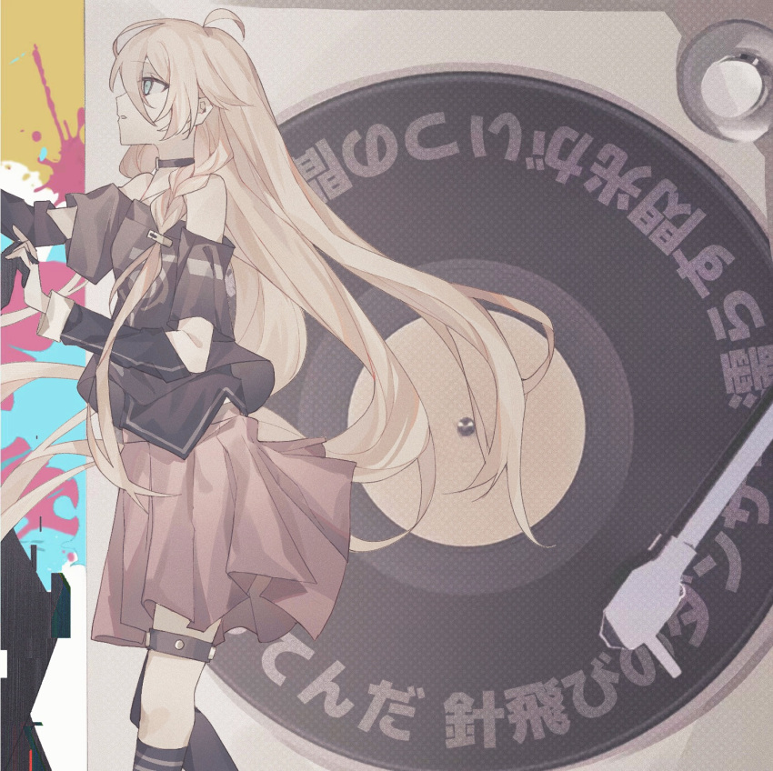 1girl, 1other, asymmetrical_legwear, bare_shoulders, black_collar, black_shirt, black_socks, blue_eyes, collar, commentary_request, dancing, detached_sleeves, floating_hair, from_side, glitch, grey_hair, hair_between_eyes, hair_over_shoulder, highres, holding_hands, ia_(vocaloid), interlocked_fingers, kneehighs, layered_sleeves, long_hair, long_sleeves, looking_at_another, lyrics, nounai_disco_(vocaloid), off-shoulder_shirt, off_shoulder, out_of_frame, pink_skirt, pleated_skirt, profile, record, shirt, short_over_long_sleeves, short_sleeves, single_kneehigh, single_sock, skirt, slpb_zz, socks, solo_focus, splatter_background, thigh_strap, turntable, uneven_legwear, very_long_hair, vocaloid