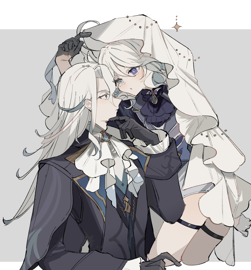 1boy, 1girl, absurdres, ahoge, ascot, black_coat, black_gloves, blue_ascot, blue_eyes, coat, furina_(genshin_impact), genshin_impact, gloves, gold_trim, hand_up, hetero, heterochromia, highres, long_sleeves, mismatched_pupils, neuvillette_(genshin_impact), note_nii, open_mouth, shared_veil, shorts, sparkle, white_ascot, white_shorts, white_veil, wing_collar