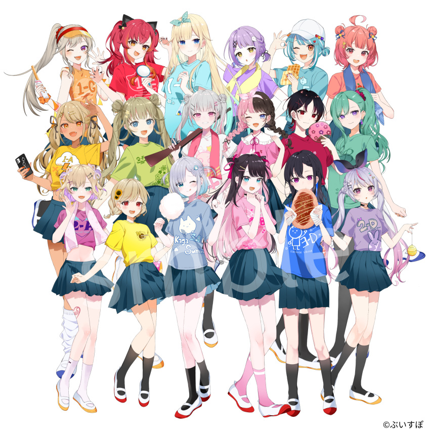 6+girls, aizawa_ema, aqua_hair, asumi_sena, black_hair, black_pantyhose, black_socks, blonde_hair