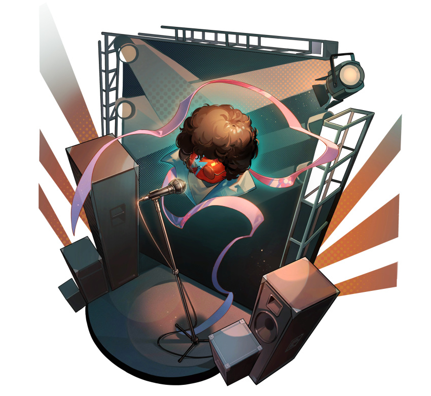 afro, amplifier, apple, apple_(reverse:1999), brown_hair, cosplay, david_bowie, david_bowie_(cosplay)