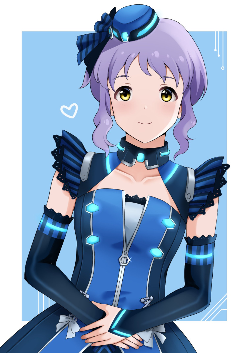 1girl, blue_background, blue_dress, blue_headwear, blue_sleeves, bow, code:escape_(idolmaster), collarbone