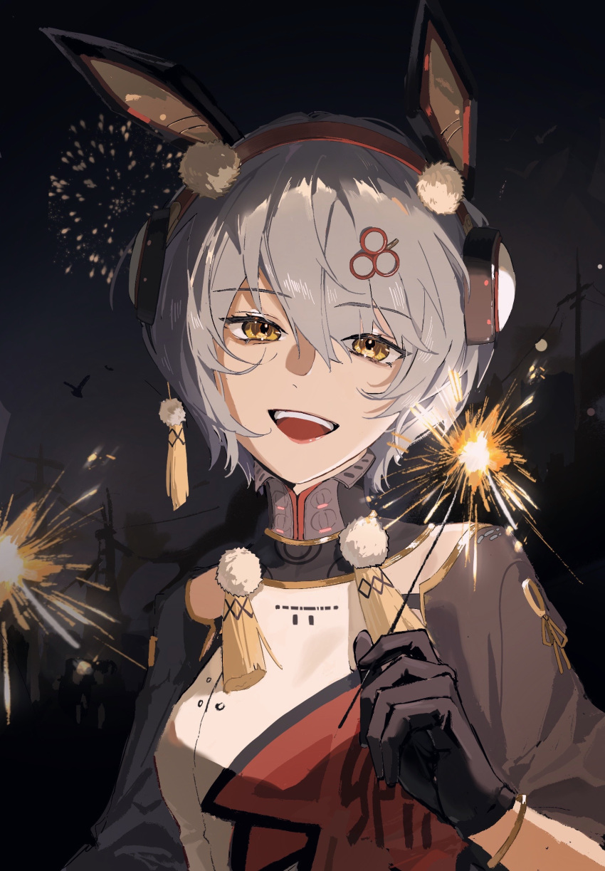 1girl, aerial_fireworks, animal_ears, animal_hairband, black_gloves, bracelet, chinese_clothes, dark_background