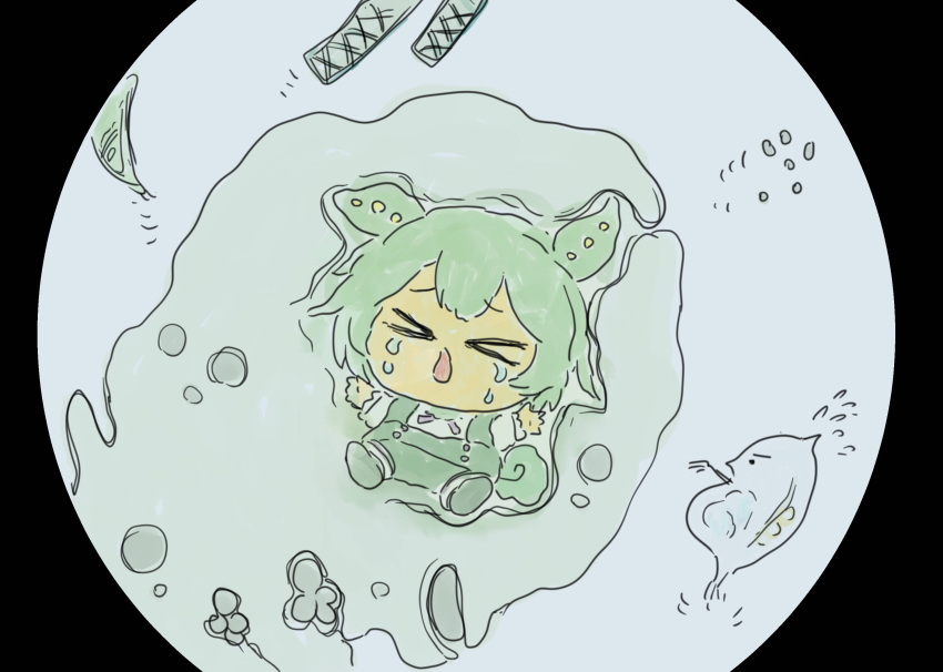 >_<, 1girl, amoeba, animal_request, arms_up, bacteria, black_border, border, chibi, commentary, crying, facing_viewer, fleeing, flying_sweatdrops, furrowed_brow, green_hair, green_shorts, grey_background, highres, microscope, mini_person, minigirl, mitsumura_ikumi, open_mouth, raised_eyebrows, round_image, shirt, shorts, simple_background, solo, suspender_shorts, suspenders, voicevox, vore, white_shirt, zundamon